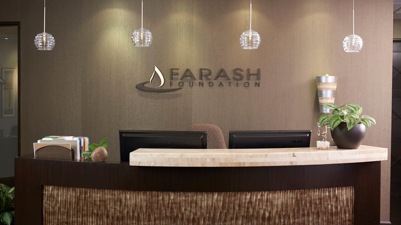 The reception desk at the Farash Foundation office.